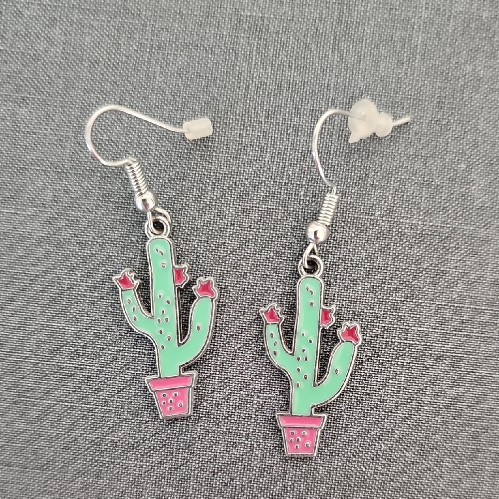 Cactus Dangle Earrings in Green and Pink